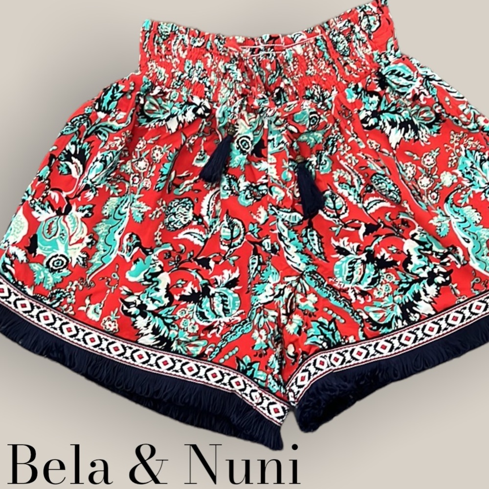 Bela & Nuni girls red floral shorts with fringe bottoms